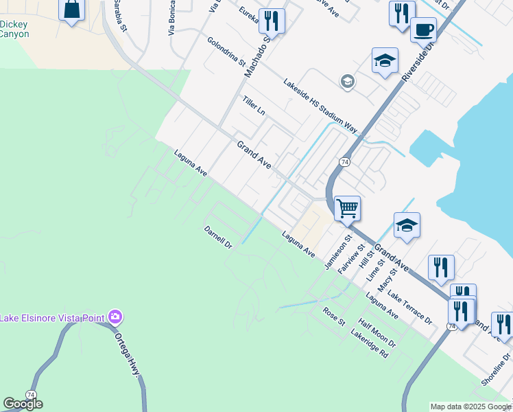 map of restaurants, bars, coffee shops, grocery stores, and more near 15192 Laguna Avenue in Lake Elsinore