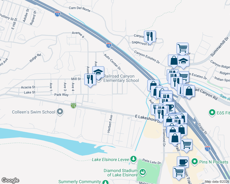 map of restaurants, bars, coffee shops, grocery stores, and more near 1621 Park Way in Lake Elsinore
