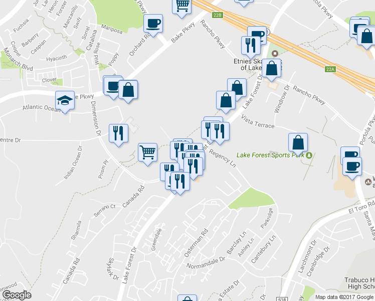 map of restaurants, bars, coffee shops, grocery stores, and more near 20521 Lake Forest Drive in Lake Forest
