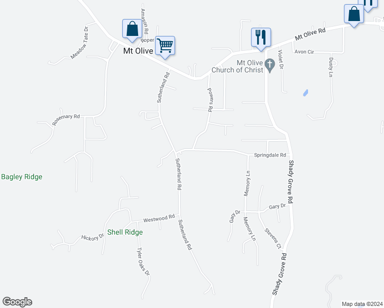 map of restaurants, bars, coffee shops, grocery stores, and more near 600 Springdale Road in Mount Olive