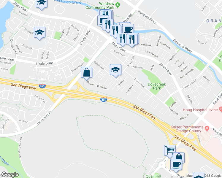 map of restaurants, bars, coffee shops, grocery stores, and more near 5 Carnation in Irvine