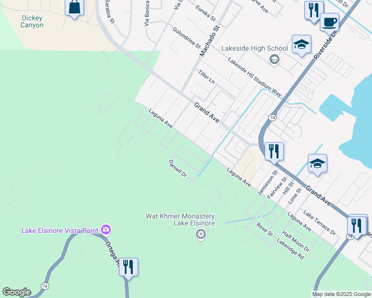 map of restaurants, bars, coffee shops, grocery stores, and more near 15148 Westlynn Drive in Lake Elsinore
