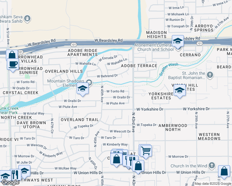 map of restaurants, bars, coffee shops, grocery stores, and more near 4445 West Oraibi Drive in Glendale