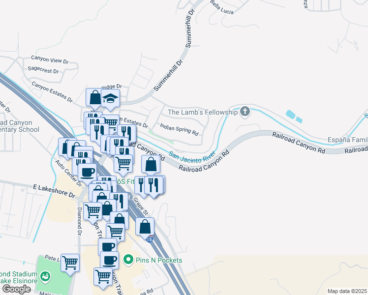 map of restaurants, bars, coffee shops, grocery stores, and more near 31753 Canyon Estates Drive in Lake Elsinore