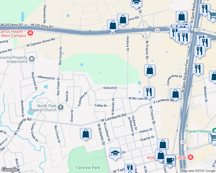 map of restaurants, bars, coffee shops, grocery stores, and more near 517 Oxford Drive in Sherman