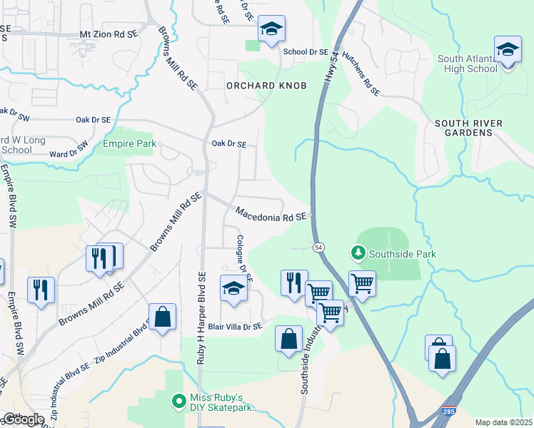 map of restaurants, bars, coffee shops, grocery stores, and more near 416 Macedonia Road Southeast in Atlanta