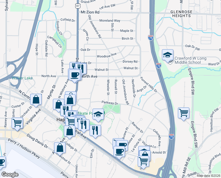 map of restaurants, bars, coffee shops, grocery stores, and more near 3304 Wheeler Street in Atlanta