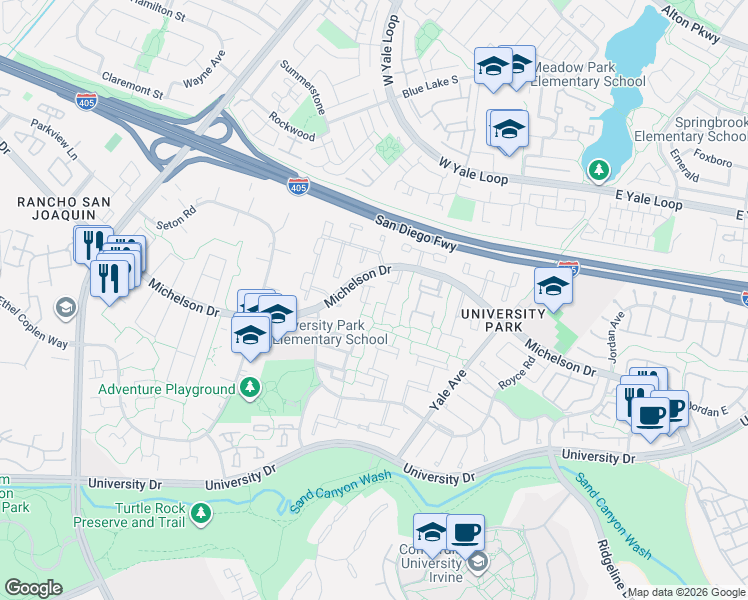 map of restaurants, bars, coffee shops, grocery stores, and more near 24 Redwood Tree Lane in Irvine