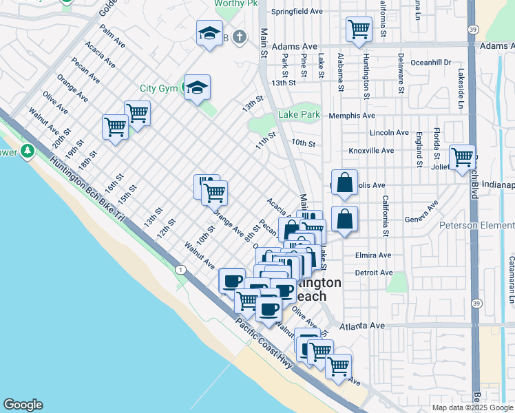 map of restaurants, bars, coffee shops, grocery stores, and more near 527 9th Street in Huntington Beach