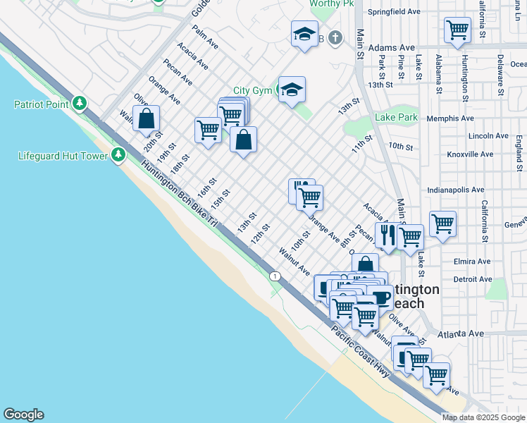 map of restaurants, bars, coffee shops, grocery stores, and more near 302 14th Street in Huntington Beach