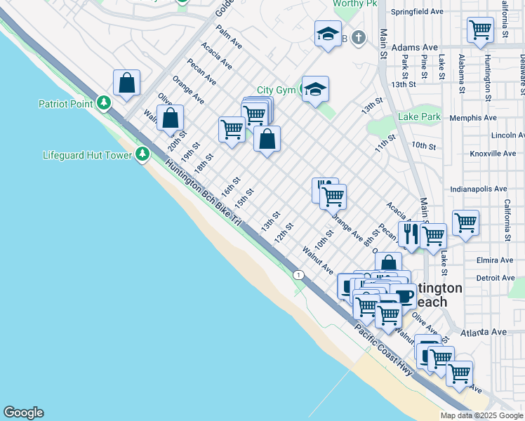 map of restaurants, bars, coffee shops, grocery stores, and more near 206 15th Street in Huntington Beach