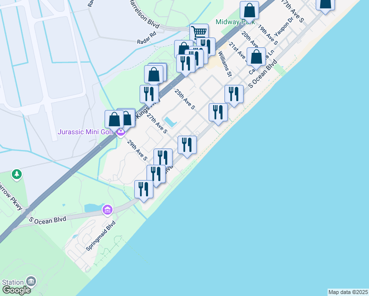 map of restaurants, bars, coffee shops, grocery stores, and more near 2607 Yaupon Drive in Myrtle Beach