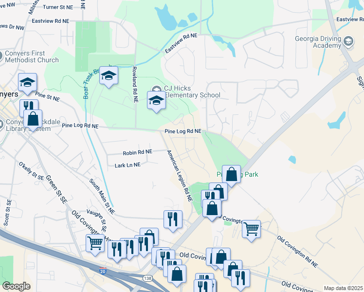 map of restaurants, bars, coffee shops, grocery stores, and more near 1357 Pine Logging Road Northeast in Conyers