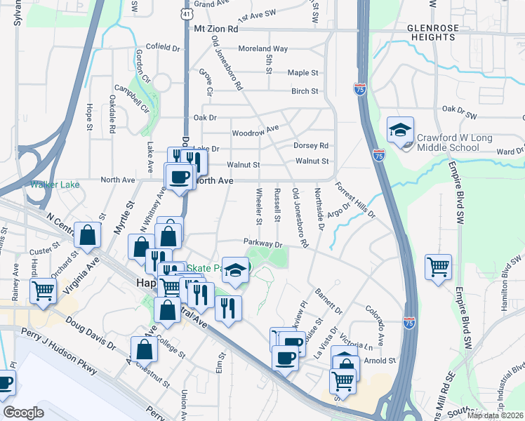map of restaurants, bars, coffee shops, grocery stores, and more near 3304 Wheeler Street in Atlanta