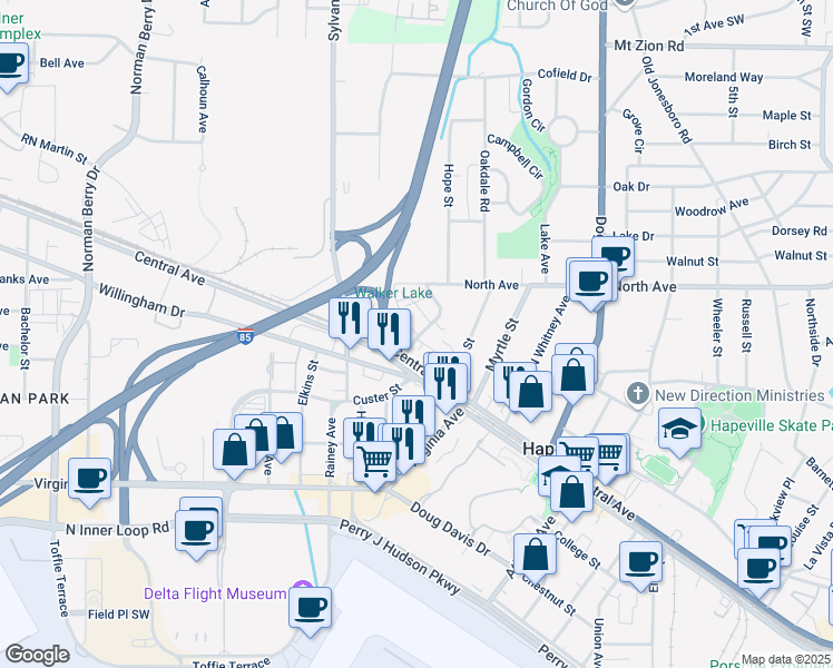 map of restaurants, bars, coffee shops, grocery stores, and more near 3322 Springhaven Avenue in Hapeville