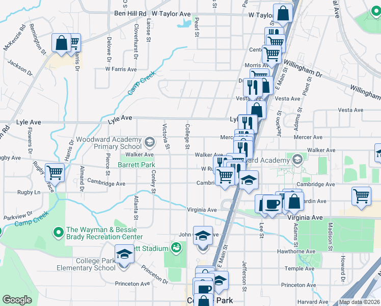 map of restaurants, bars, coffee shops, grocery stores, and more near 3372 College Street in College Park
