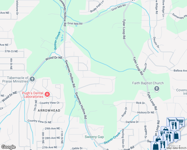 map of restaurants, bars, coffee shops, grocery stores, and more near 1160 Oak Creek Trail Northeast in Birmingham