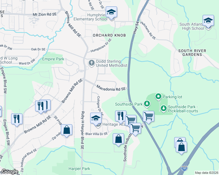 map of restaurants, bars, coffee shops, grocery stores, and more near 415 Belgarde Place Southeast in Atlanta