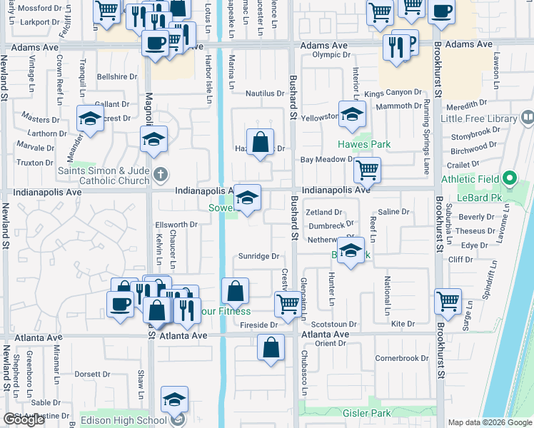 map of restaurants, bars, coffee shops, grocery stores, and more near 9412 Hingham Drive in Huntington Beach