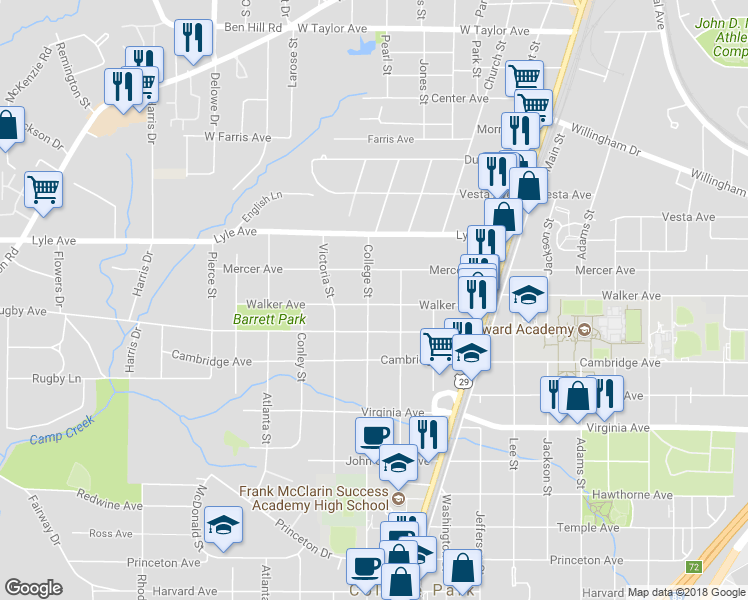 map of restaurants, bars, coffee shops, grocery stores, and more near 3372 College Street in College Park