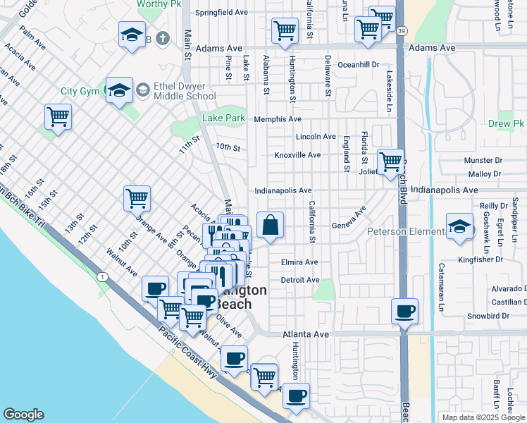 map of restaurants, bars, coffee shops, grocery stores, and more near 735 Alabama Street in Huntington Beach