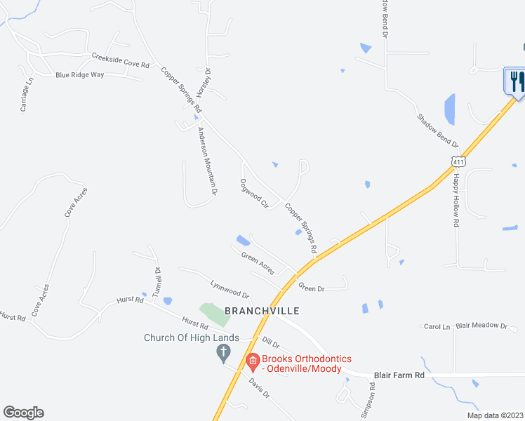 map of restaurants, bars, coffee shops, grocery stores, and more near 75 Dogwood Circle in Odenville