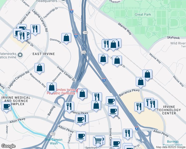 map of restaurants, bars, coffee shops, grocery stores, and more near 7535 Irvine Center Drive in Irvine