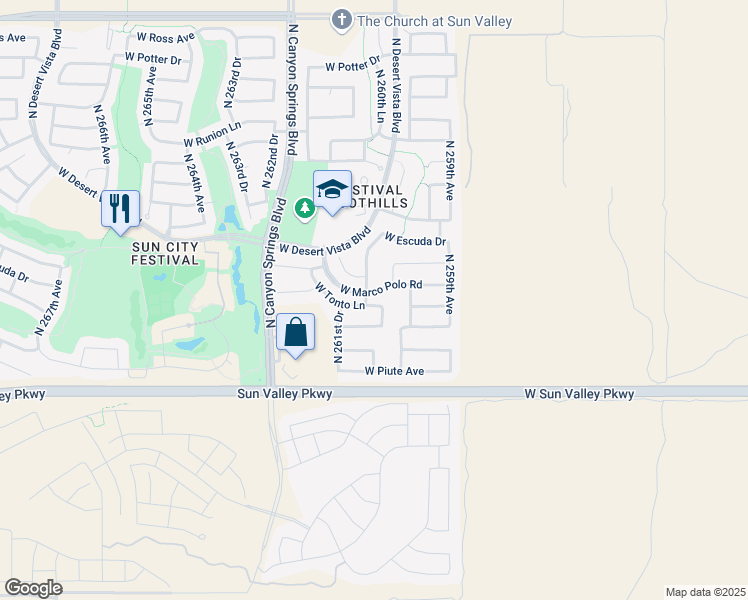 map of restaurants, bars, coffee shops, grocery stores, and more near 19907 North 260th Glen in Buckeye