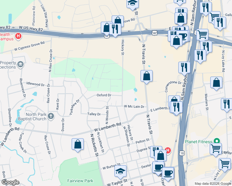 map of restaurants, bars, coffee shops, grocery stores, and more near 413 Oxford Drive in Sherman
