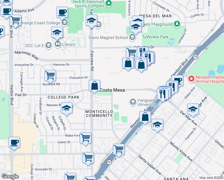 map of restaurants, bars, coffee shops, grocery stores, and more near 1845 Anaheim Avenue in Costa Mesa