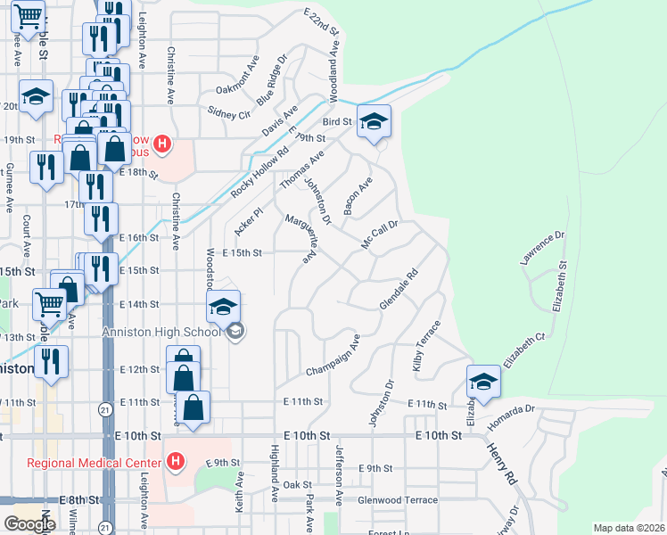 map of restaurants, bars, coffee shops, grocery stores, and more near 906-908 East 15th Street in Anniston