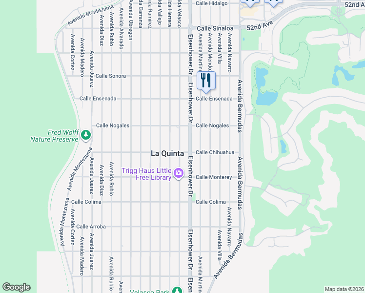 map of restaurants, bars, coffee shops, grocery stores, and more near 52940 Avenue Velasco in La Quinta