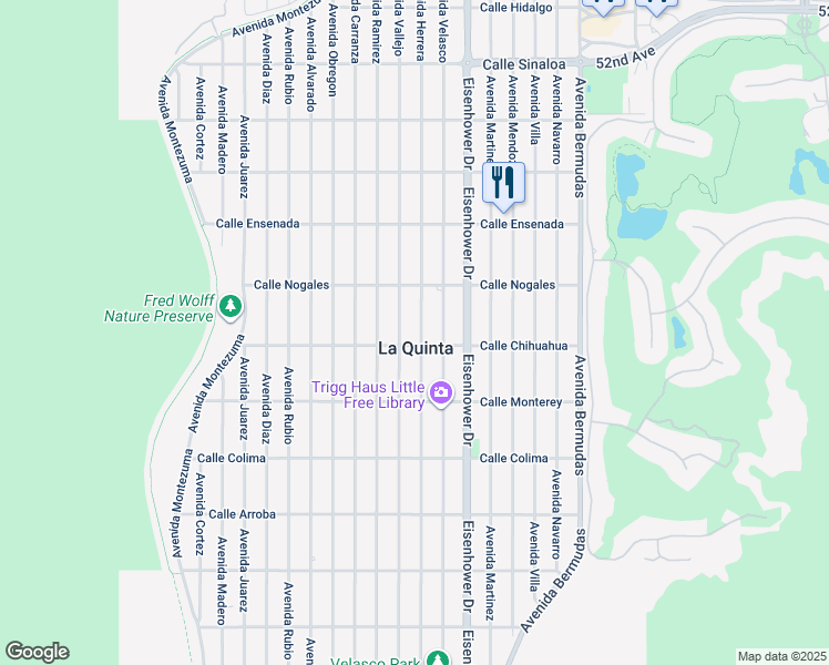 map of restaurants, bars, coffee shops, grocery stores, and more near 52871 Avenue Herrera in La Quinta