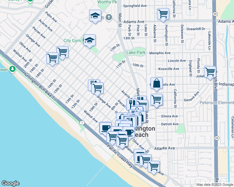 map of restaurants, bars, coffee shops, grocery stores, and more near 527 9th Street in Huntington Beach