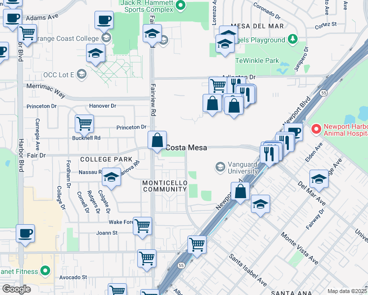map of restaurants, bars, coffee shops, grocery stores, and more near 104 Fair Drive in Costa Mesa