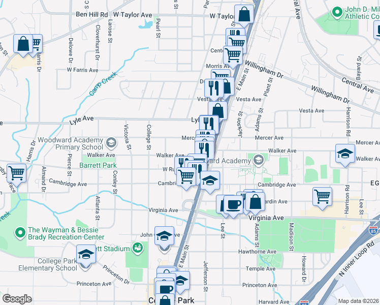 map of restaurants, bars, coffee shops, grocery stores, and more near 1803 Walker Avenue in College Park