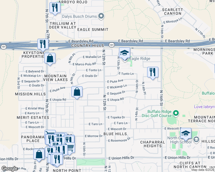 map of restaurants, bars, coffee shops, grocery stores, and more near 1224 East Piute Avenue in Phoenix