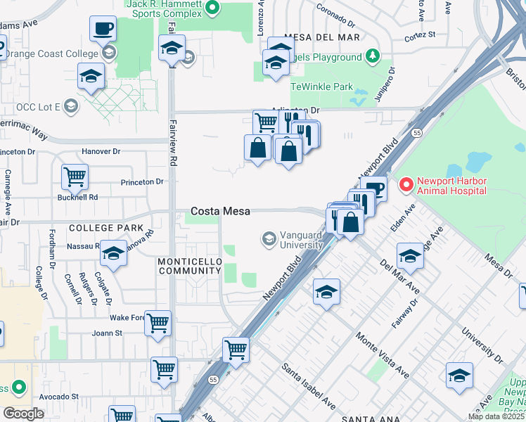 map of restaurants, bars, coffee shops, grocery stores, and more near 99 Fair Drive in Costa Mesa