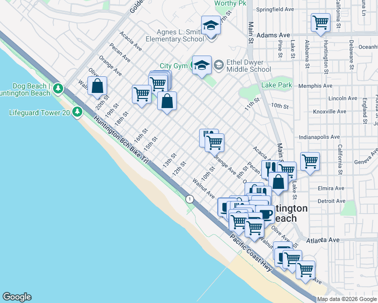 map of restaurants, bars, coffee shops, grocery stores, and more near 303 12th Street in Huntington Beach