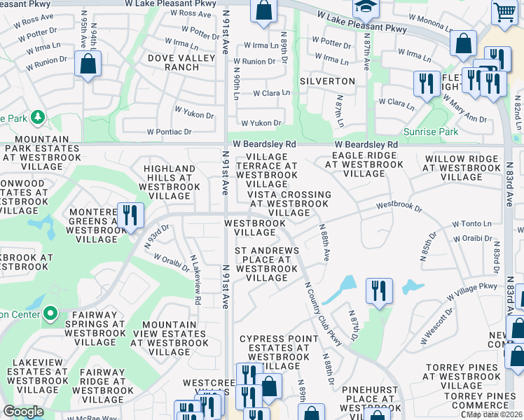 map of restaurants, bars, coffee shops, grocery stores, and more near 9025 West Behrend Drive in Peoria