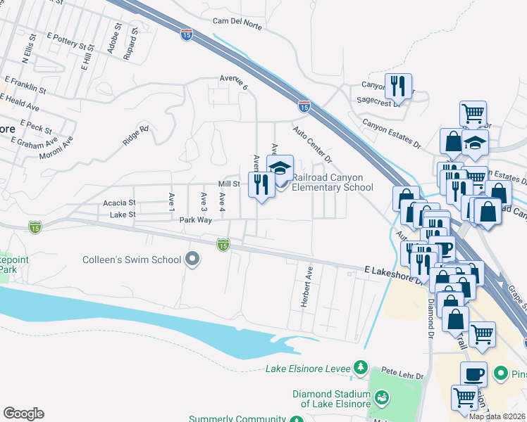 map of restaurants, bars, coffee shops, grocery stores, and more near 308 Avenue 6 in Lake Elsinore