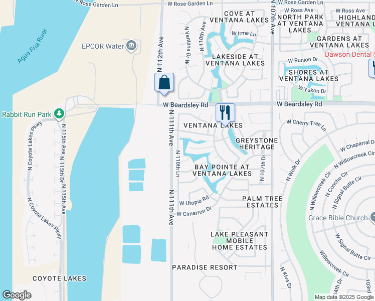 map of restaurants, bars, coffee shops, grocery stores, and more near 11043 West Chino Drive in Sun City