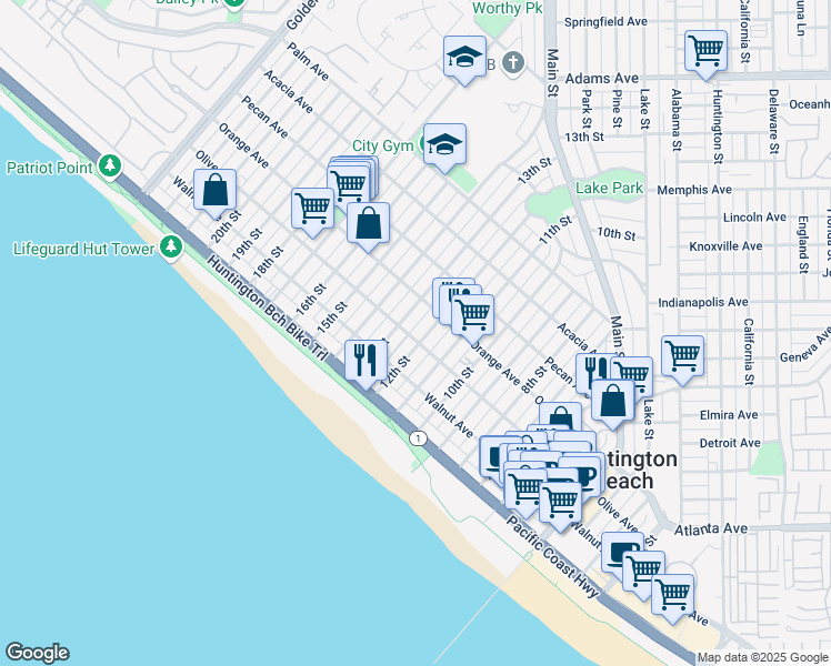 map of restaurants, bars, coffee shops, grocery stores, and more near 303 12th Street in Huntington Beach