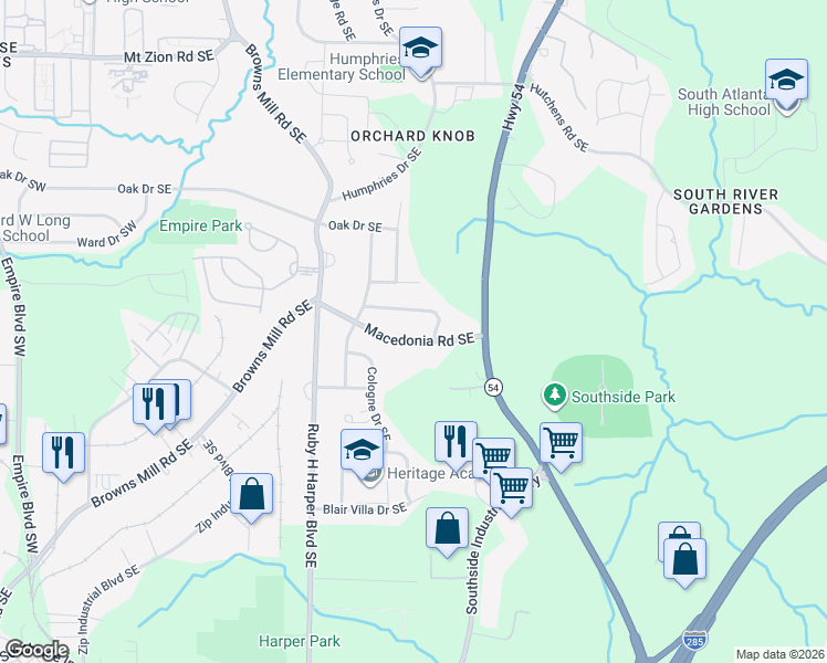 map of restaurants, bars, coffee shops, grocery stores, and more near 415 Belgarde Place Southeast in Atlanta