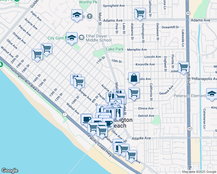 map of restaurants, bars, coffee shops, grocery stores, and more near 617 8th Street in Huntington Beach