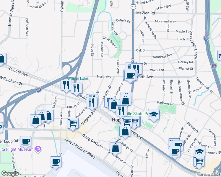 map of restaurants, bars, coffee shops, grocery stores, and more near 3284 Sims Street in Atlanta