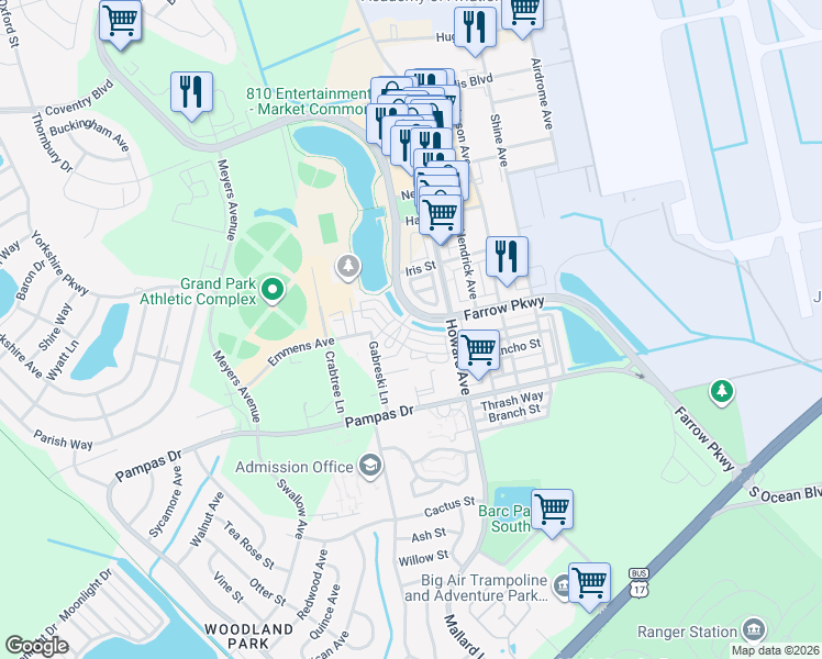 map of restaurants, bars, coffee shops, grocery stores, and more near Peterson Street in Myrtle Beach