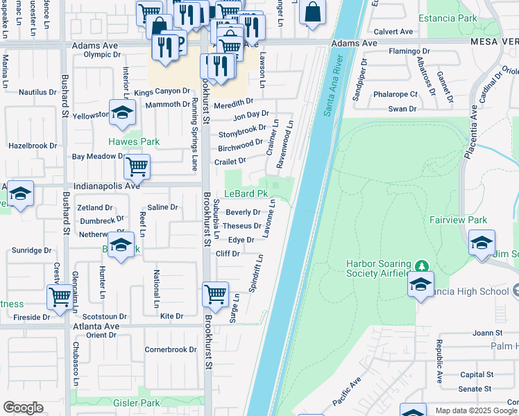 map of restaurants, bars, coffee shops, grocery stores, and more near 10152 Cynthia Drive in Huntington Beach