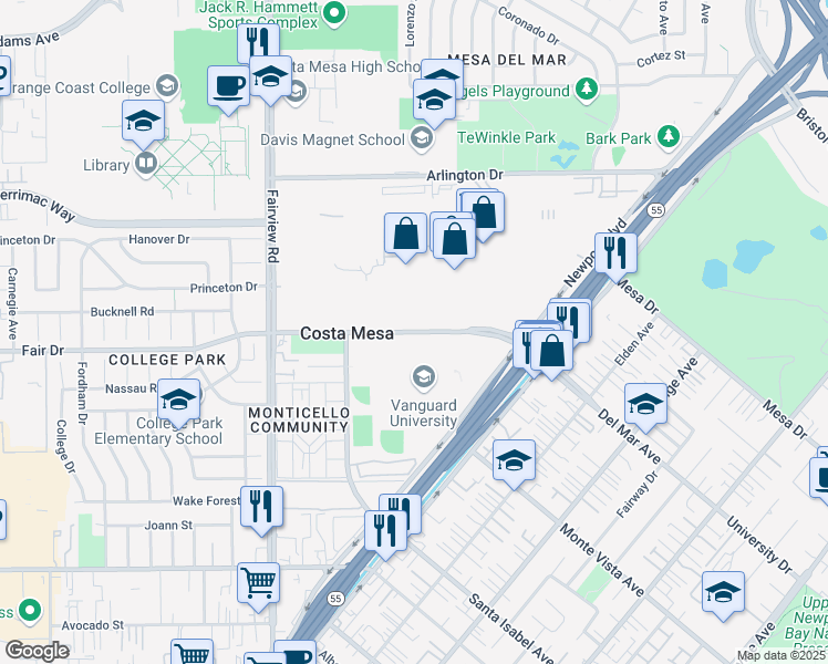 map of restaurants, bars, coffee shops, grocery stores, and more near 99 Fair Drive in Costa Mesa