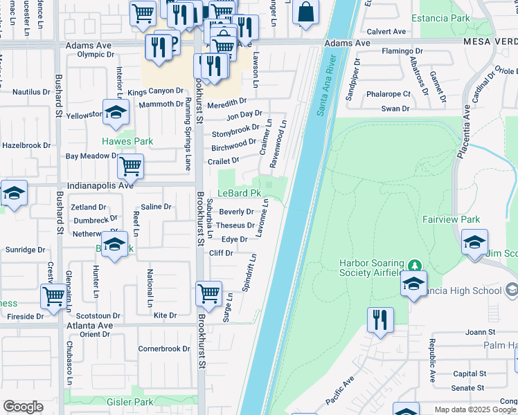 map of restaurants, bars, coffee shops, grocery stores, and more near 10201 Beverly Drive in Huntington Beach